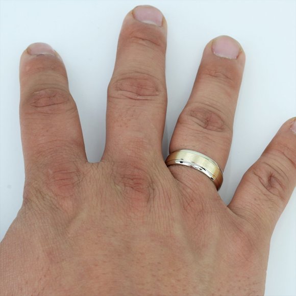 Men’s 14k White & Brushed Yellow Gold Comfort-Fit Wedding Band Ring - Image 5