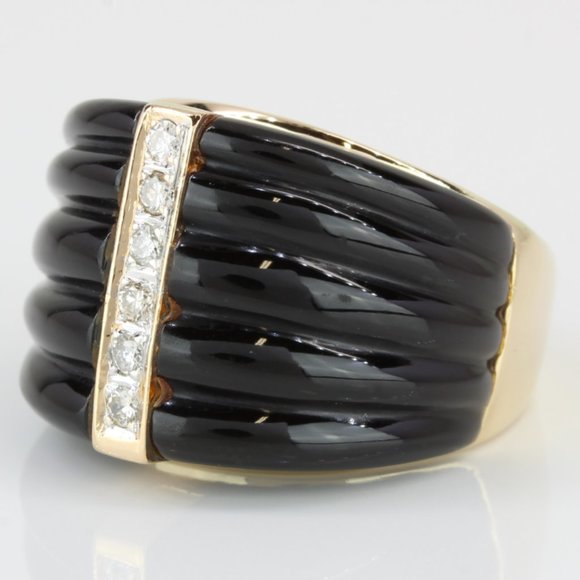Vintage Art Deco 14K Yellow Gold Onyx & Diamond Anniversary Cocktail Ring Band