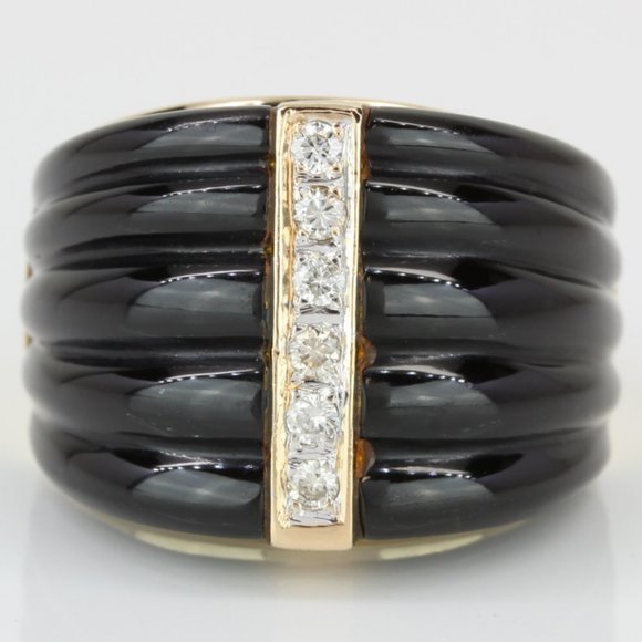 Vintage Art Deco 14K Yellow Gold Onyx & Diamond Anniversary Cocktail Ring Band - Image 3