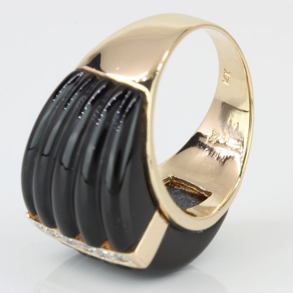 Vintage Art Deco 14K Yellow Gold Onyx & Diamond Anniversary Cocktail Ring Band - Image 6
