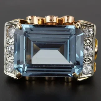 14K Yellow Gold Vintage Swiss Blue Topaz & Diamond Anniversary Statement Ring