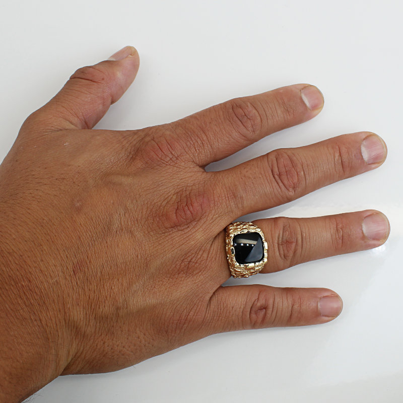 Vintage 14K Gold Nugget Ring Men’s IB Goodman Onyx Statement Signet Bold Jewelry Description: - Image 7