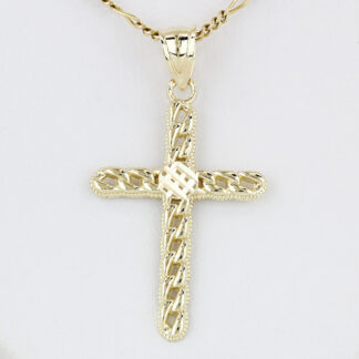 10K Gold Curb Link Cross Pendant Charm Christian Religious Stylized Jewelry Gift