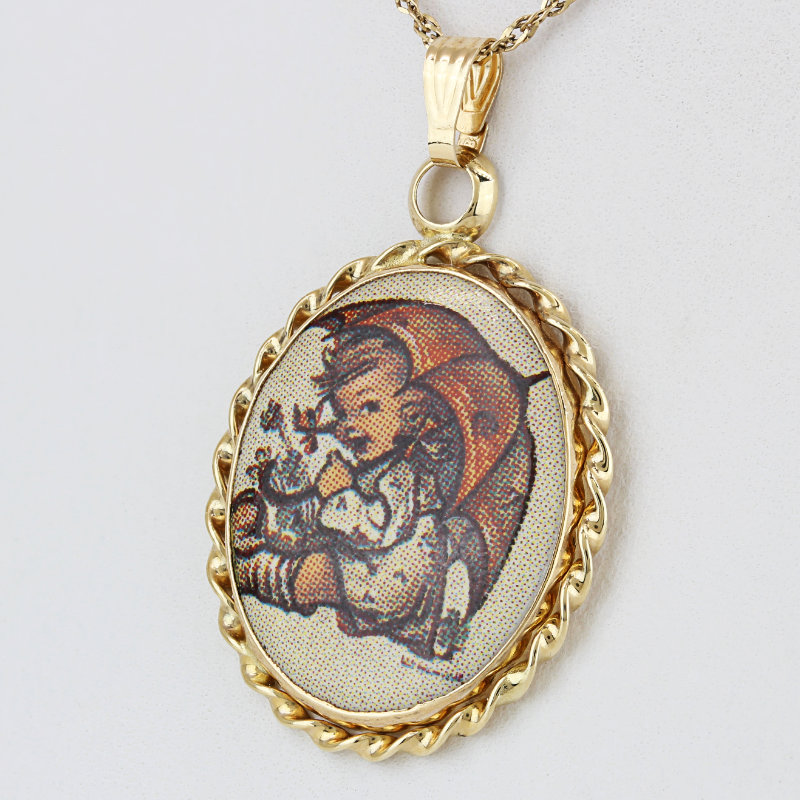 14k Yellow Gold Oval MJ Hummel Umbrella Girl by ARS Edition - Image 2