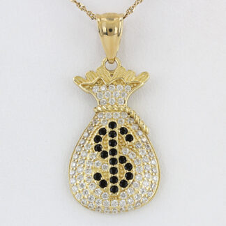 10K Gold White & Black CZ Cubic Zirconia Encrusted Dollar Sign Money Bag Pendant
