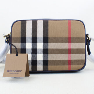 Burberry Check Canvas Navy Leather Camera Bag