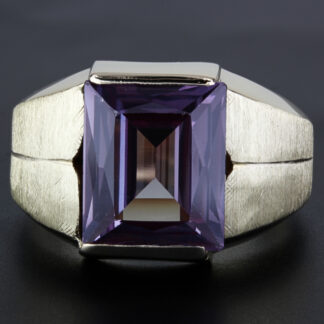 12KYG Vintage Brushed 1970's Emerald-Cut Simulated Purple Sapphire Ring