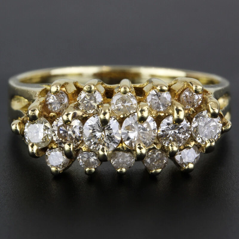 14K Yellow Gold Vintage 3-Row Diamond Ring Band