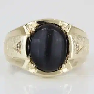 Vintage 10KYG Black Cat's Eye Sapphire + Diamond Statement Ring