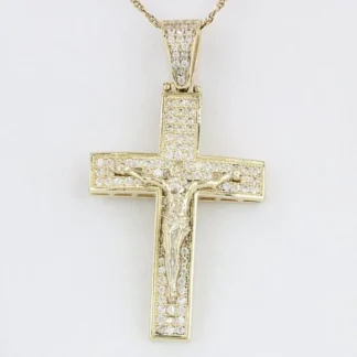 14K Yellow Gold Cubic Zirconia CZ Crucifix Jesus Christ Religious Pendant