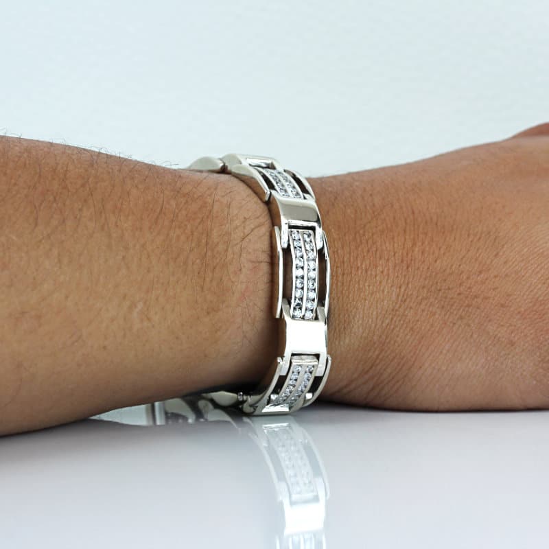 14K White Gold Men's Heavy 5 Carat Diamond Architectural Link Bracelet - Image 6