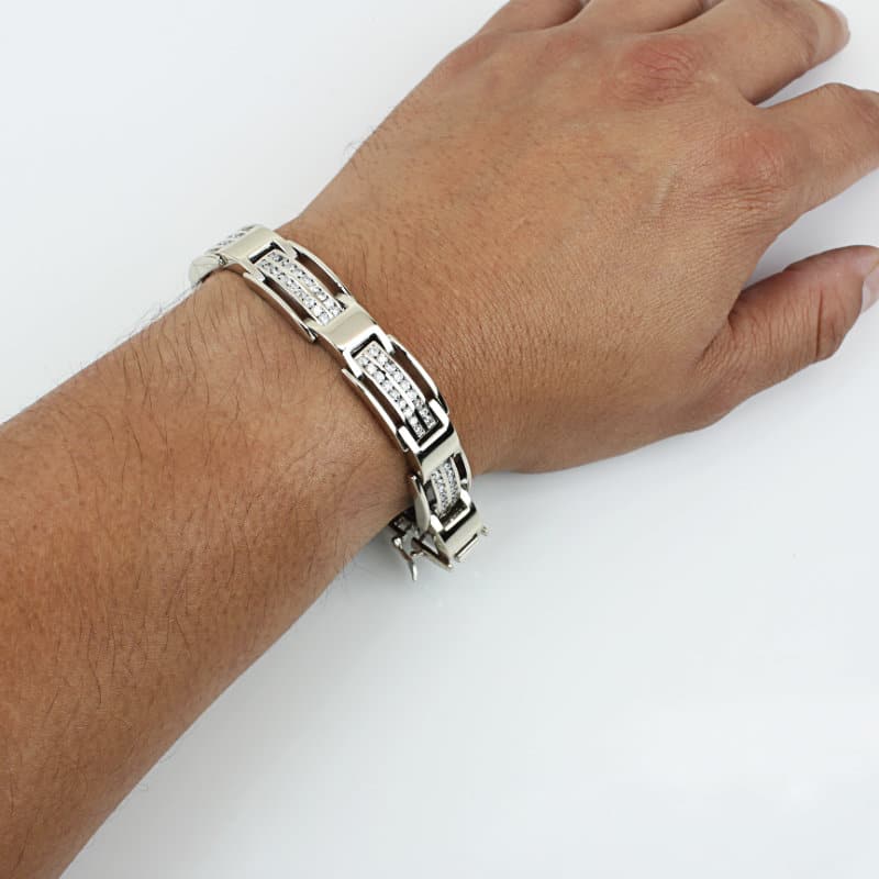 14K White Gold Men's Heavy 5 Carat Diamond Architectural Link Bracelet - Image 7