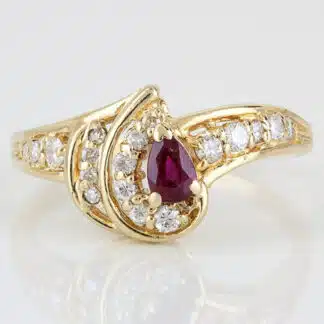 Vintage 14K Gold Pear Ruby Diamond Cocktail Anniversary Ring Gift Estate Jewelry