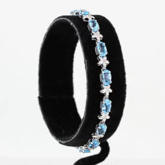 14K White Gold Oval Swiss Blue Topaz Diamond Tennis Bracelet Fine Jewelry Gift