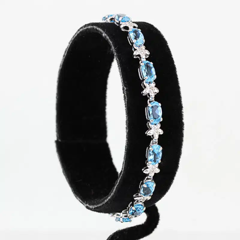 14K White Gold Oval Swiss Blue Topaz Diamond Tennis Bracelet Fine Jewelry Gift