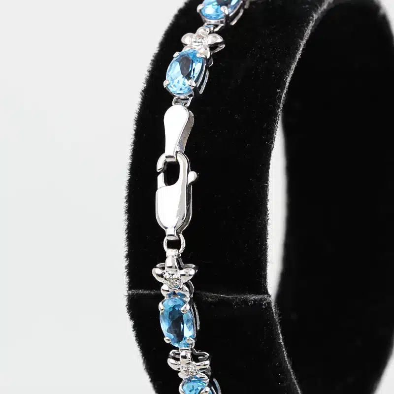 14K White Gold Oval Swiss Blue Topaz Diamond Tennis Bracelet Fine Jewelry Gift - Image 2