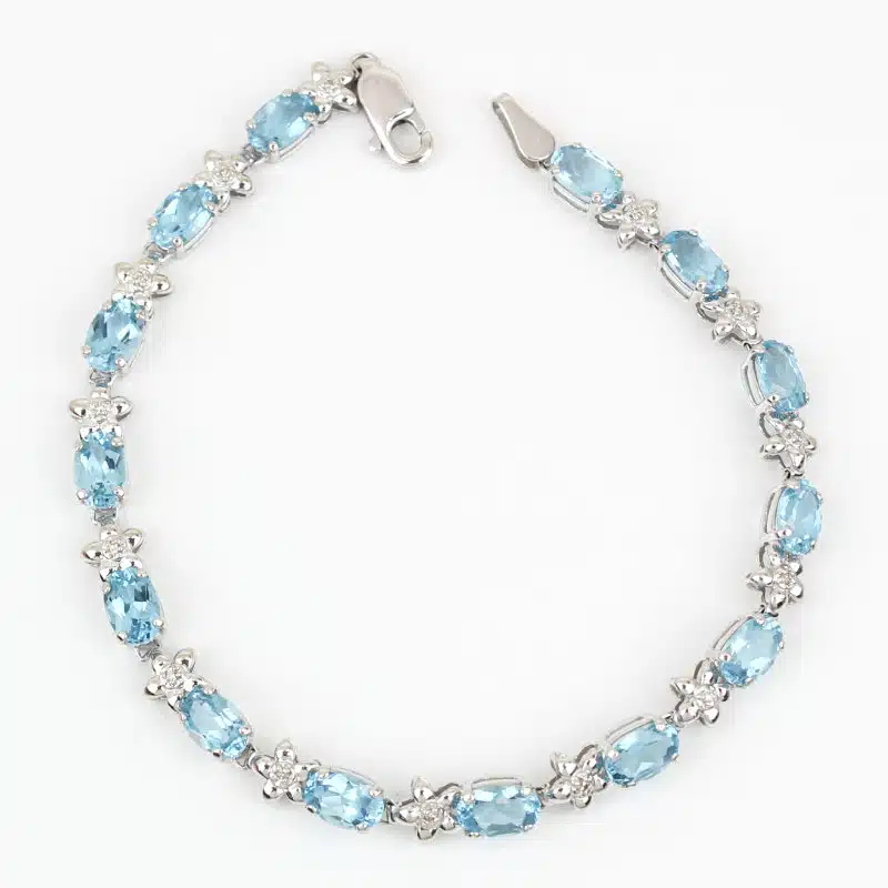 14K White Gold Oval Swiss Blue Topaz Diamond Tennis Bracelet Fine Jewelry Gift - Image 4