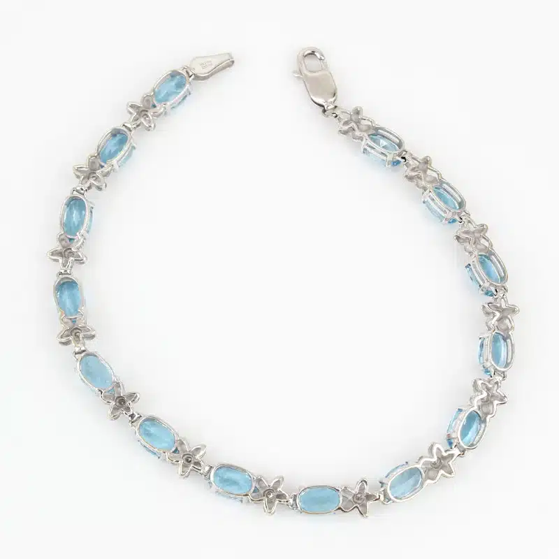 14K White Gold Oval Swiss Blue Topaz Diamond Tennis Bracelet Fine Jewelry Gift - Image 5