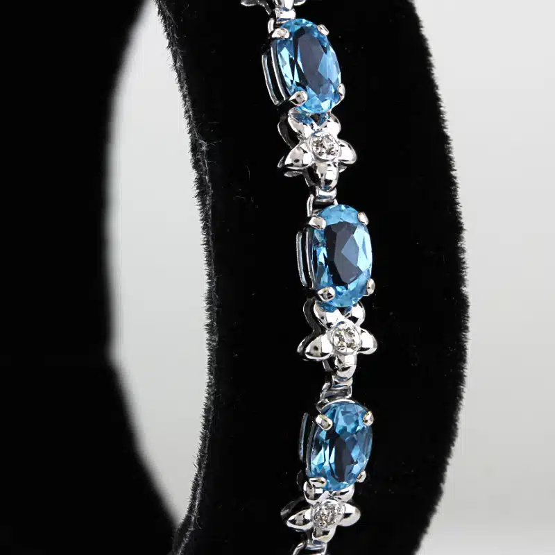 14K White Gold Oval Swiss Blue Topaz Diamond Tennis Bracelet Fine Jewelry Gift - Image 3