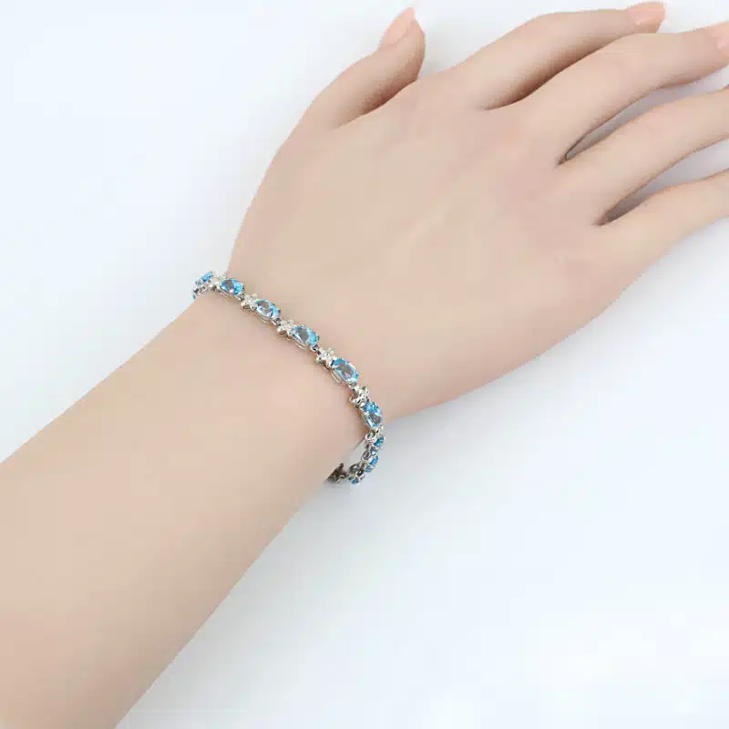 14K White Gold Oval Swiss Blue Topaz Diamond Tennis Bracelet Fine Jewelry Gift - Image 8