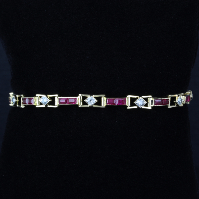 18K Yellow Gold Vintage Diamond & Garnet Anniversary Bracelet – 6.5”