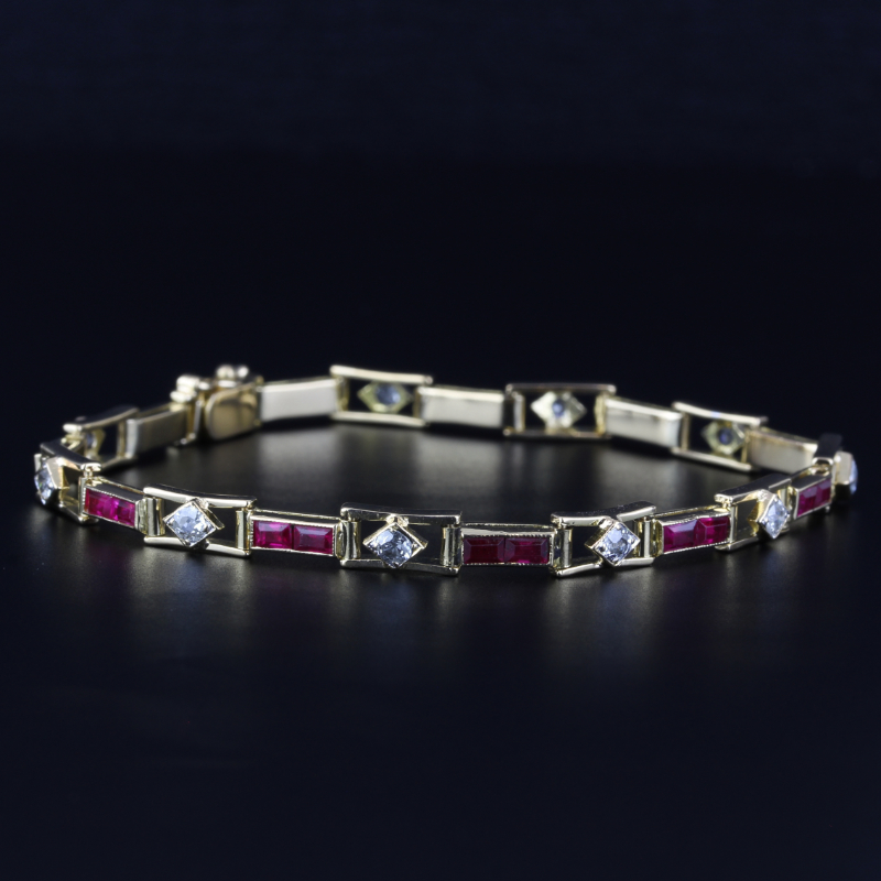 18K Yellow Gold Vintage Diamond & Garnet Anniversary Bracelet – 6.5” - Image 3