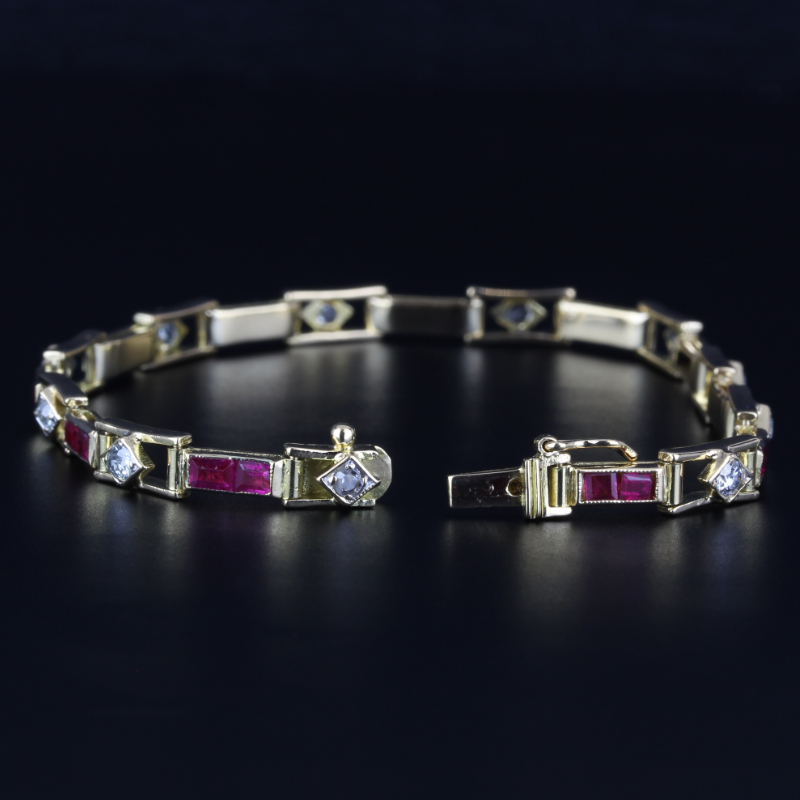 18K Yellow Gold Vintage Diamond & Garnet Anniversary Bracelet – 6.5” - Image 4