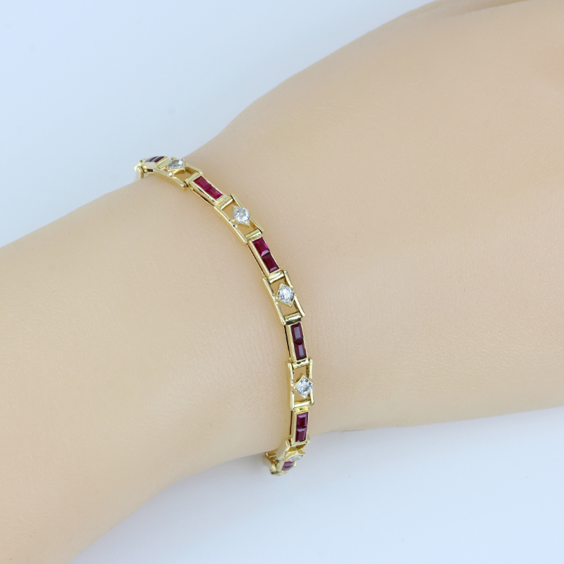 18K Yellow Gold Vintage Diamond & Garnet Anniversary Bracelet – 6.5” - Image 7