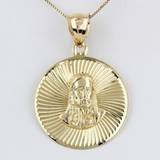 14K Yellow Gold Round Guilloche Radial Jesus Christ Religious Pendant