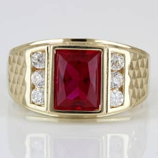 14K Yellow Gold Lab Ruby & CZ Men's Diamond-Cut Statement Ring