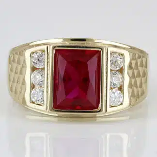 14K Yellow Gold Lab Ruby & CZ Men's Diamond-Cut Statement Ring