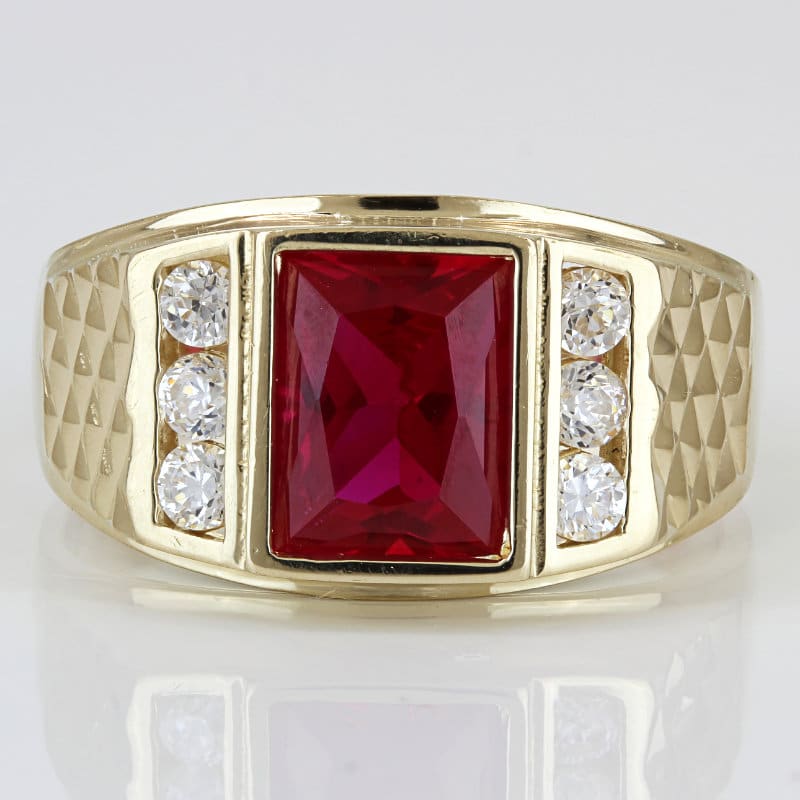 14K Yellow Gold Lab Ruby & CZ Men’s Diamond-Cut Statement Ring