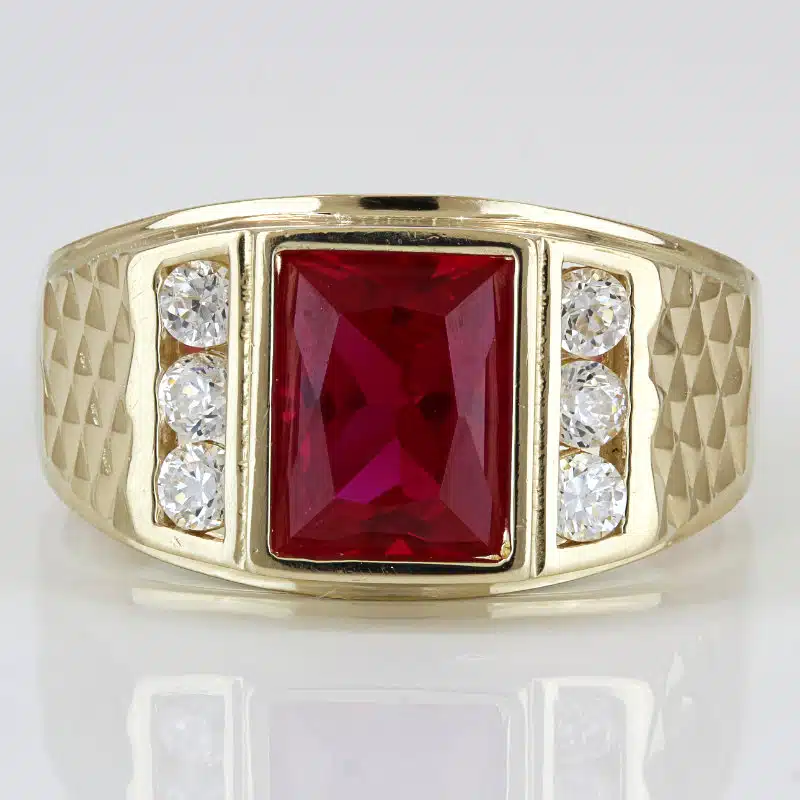 14K Yellow Gold Lab Ruby & CZ Men's Diamond-Cut Statement Ring