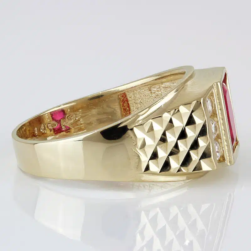 14K Yellow Gold Lab Ruby & CZ Men's Diamond-Cut Statement Ring - Image 3
