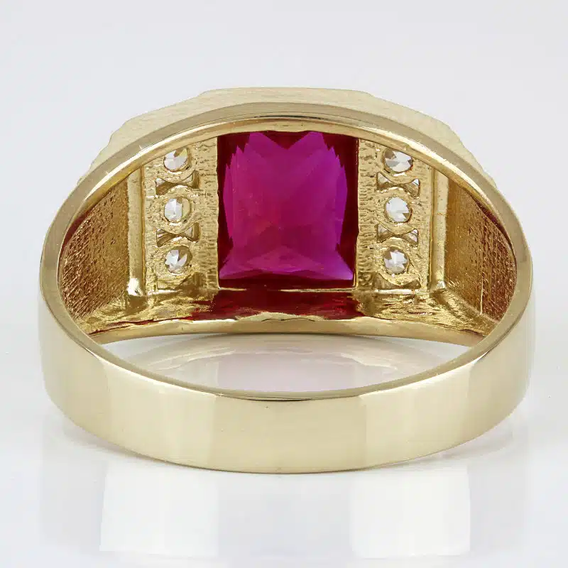 14K Yellow Gold Lab Ruby & CZ Men's Diamond-Cut Statement Ring - Image 4