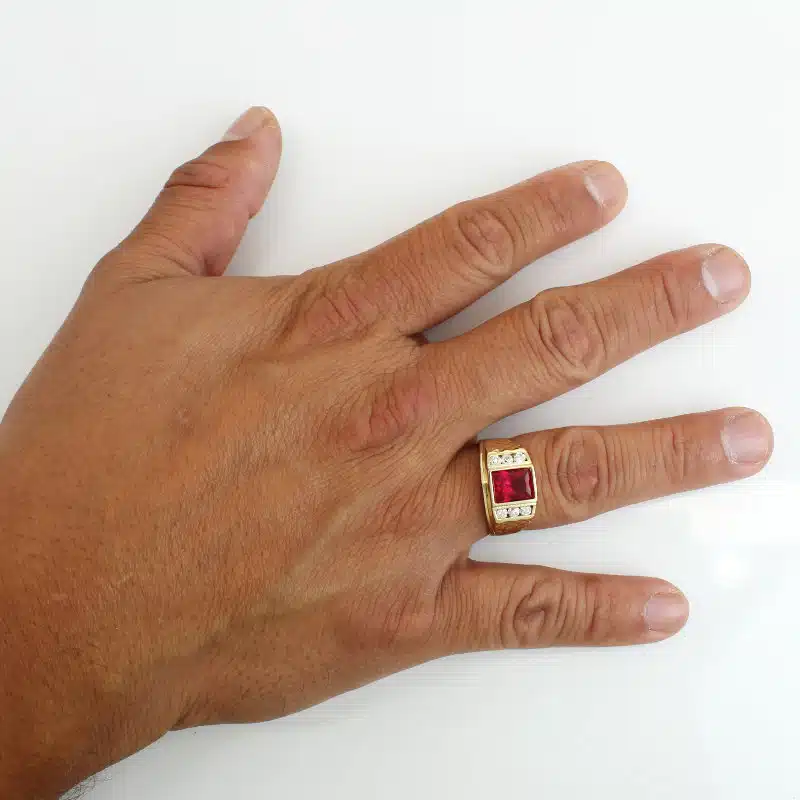 14K Yellow Gold Lab Ruby & CZ Men's Diamond-Cut Statement Ring - Image 6